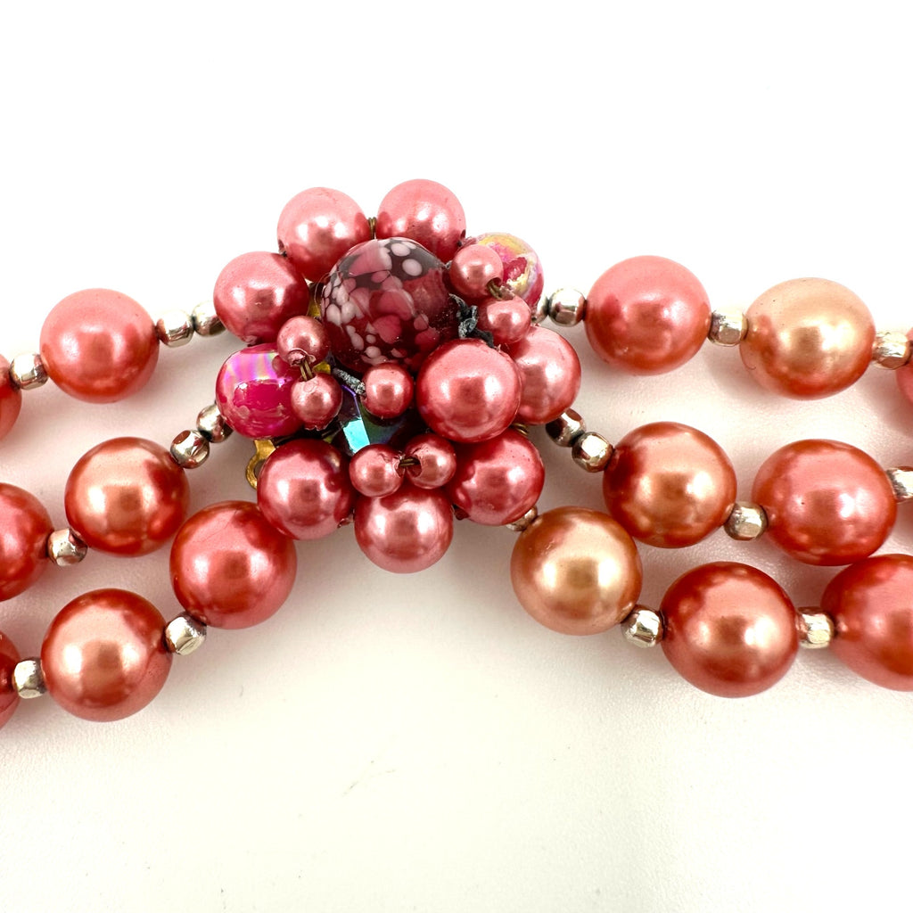 Japan vintage 3 strand pink AB lucite faux pearls red glass beaded necklace