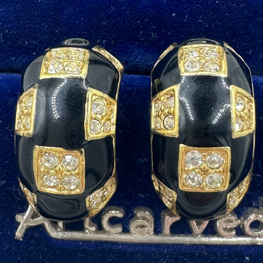 Roman vintage gold tone clear rhinestones black enamel half hoops post earrings