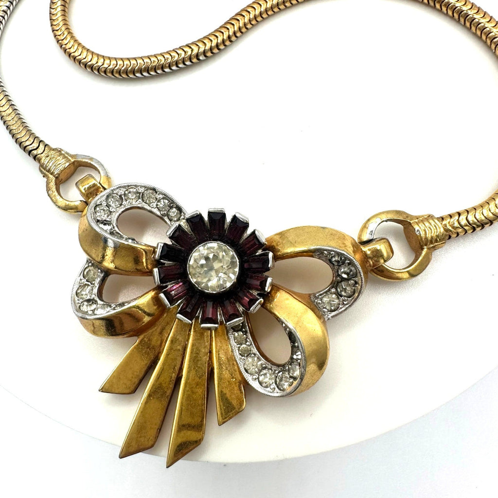 Joseph Mazer vintage gold plated clear purple rhinestones pendant chain necklace