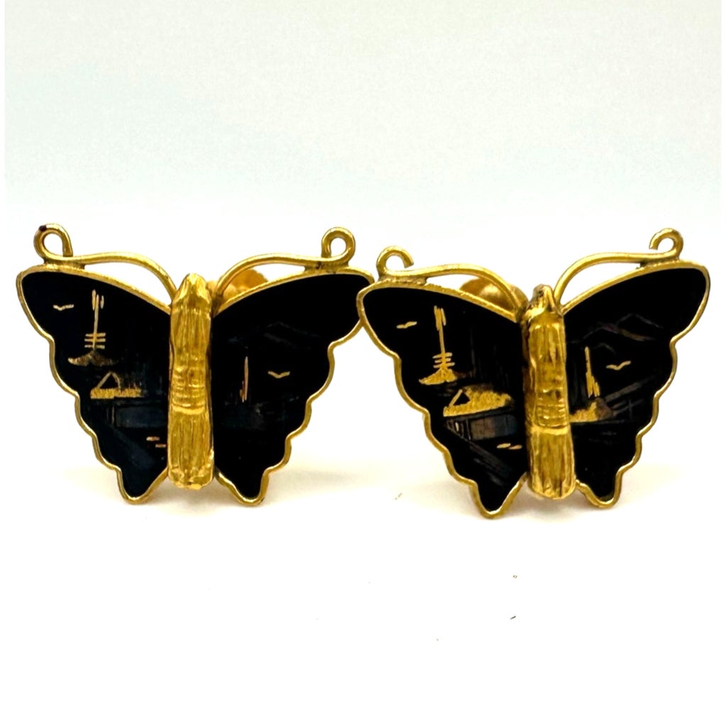 Amita Japan Damascene vintage gold plated black butterfly screw back earrings