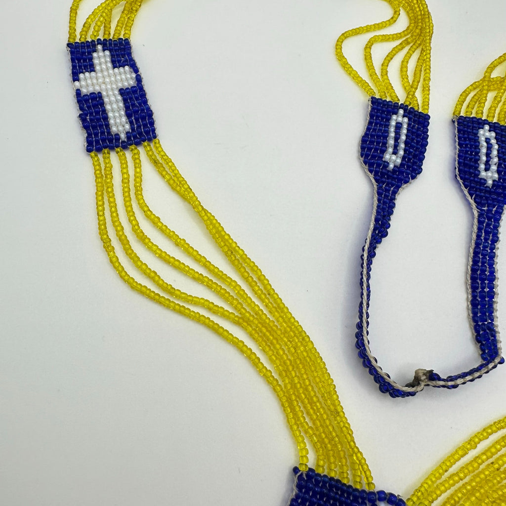 Antique Art Deco 1920s handmade yellow blue glass beaded crosses tassel necklace