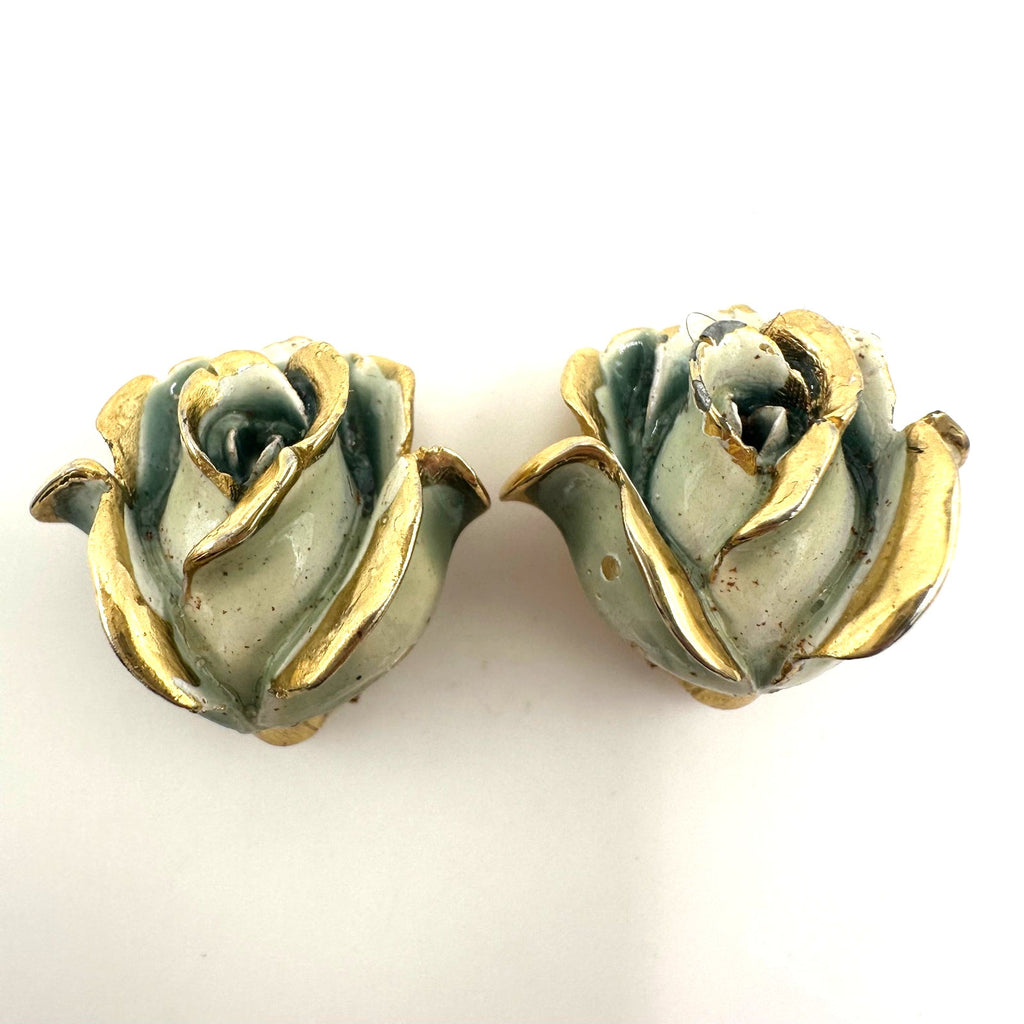 Capri signed vintage gold tone blue enamel 3D roses floral clip on earrings