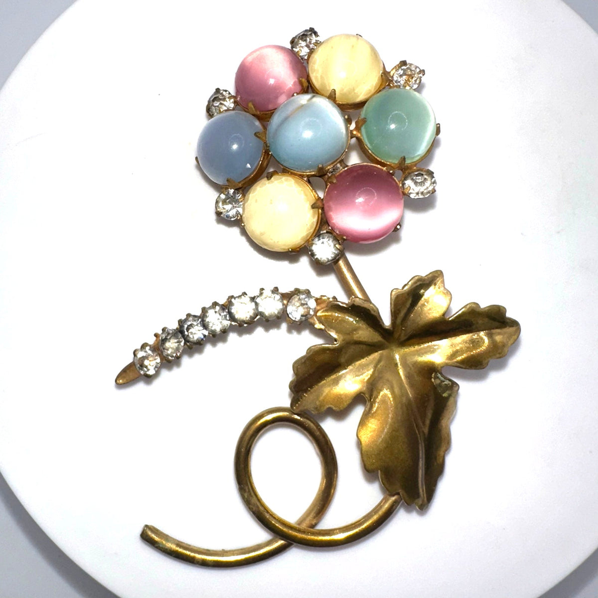Vintage gold tone multicolor uranium satin glass cabochons rhinestones brooch