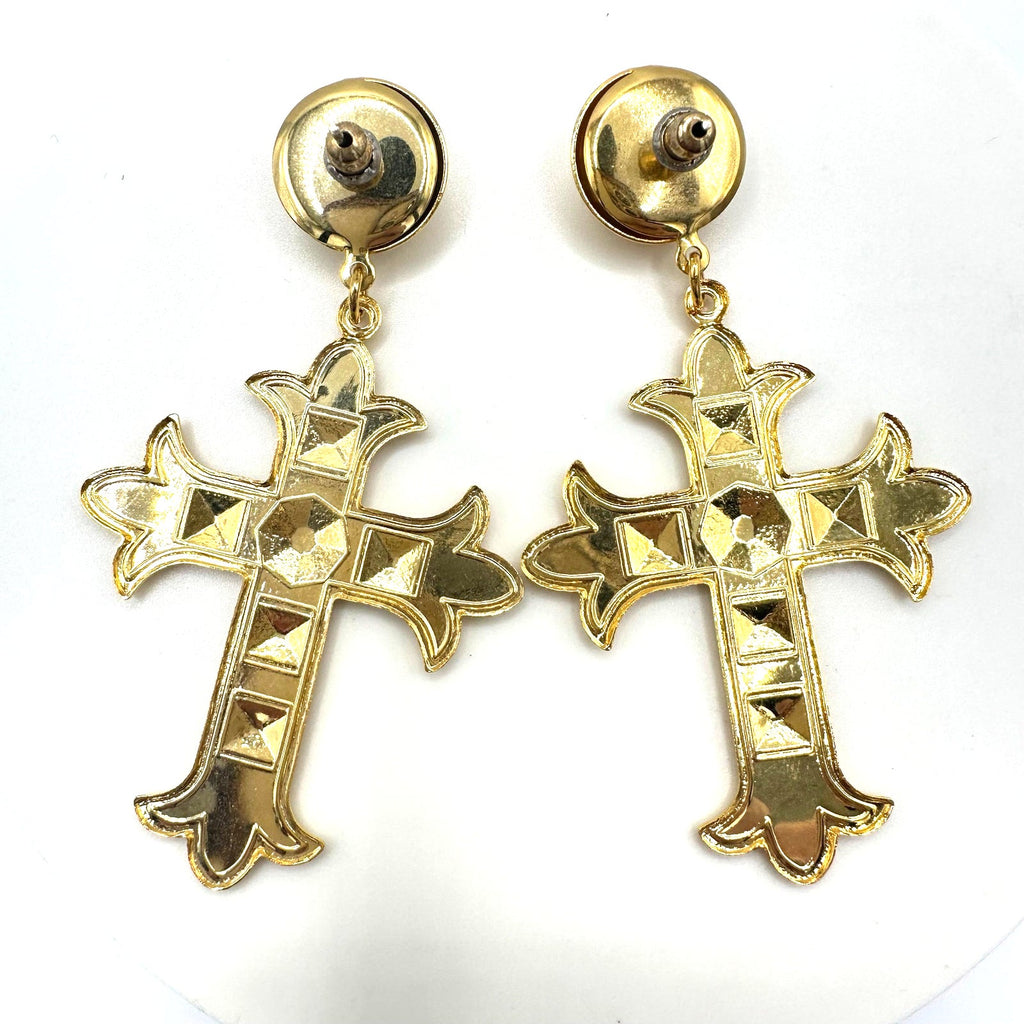 Vintage gold tone dangle drop cross domed post statement earrings 3"