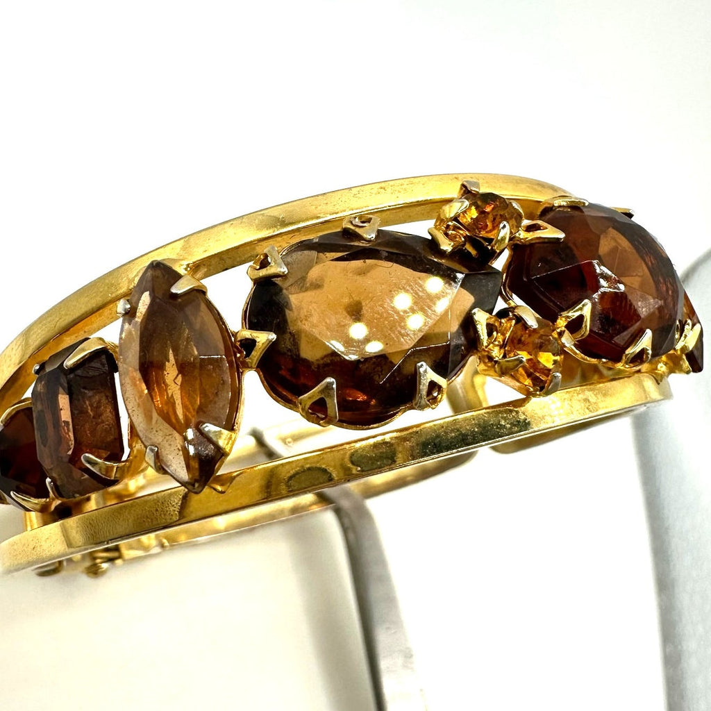 Juliana gold tone brown topaz glass rhinestones clamper bangle bracelet