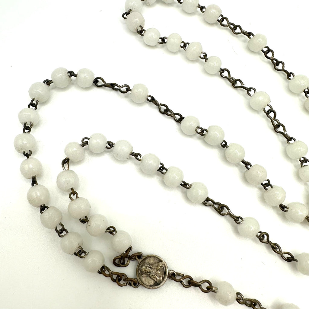 Vintage silver plated white milk glass beads beaded Catholic rosary necklace
