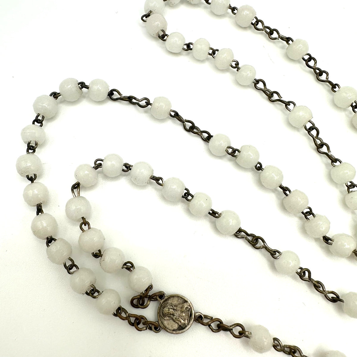 Vintage silver plated white milk glass beads beaded Catholic rosary necklace