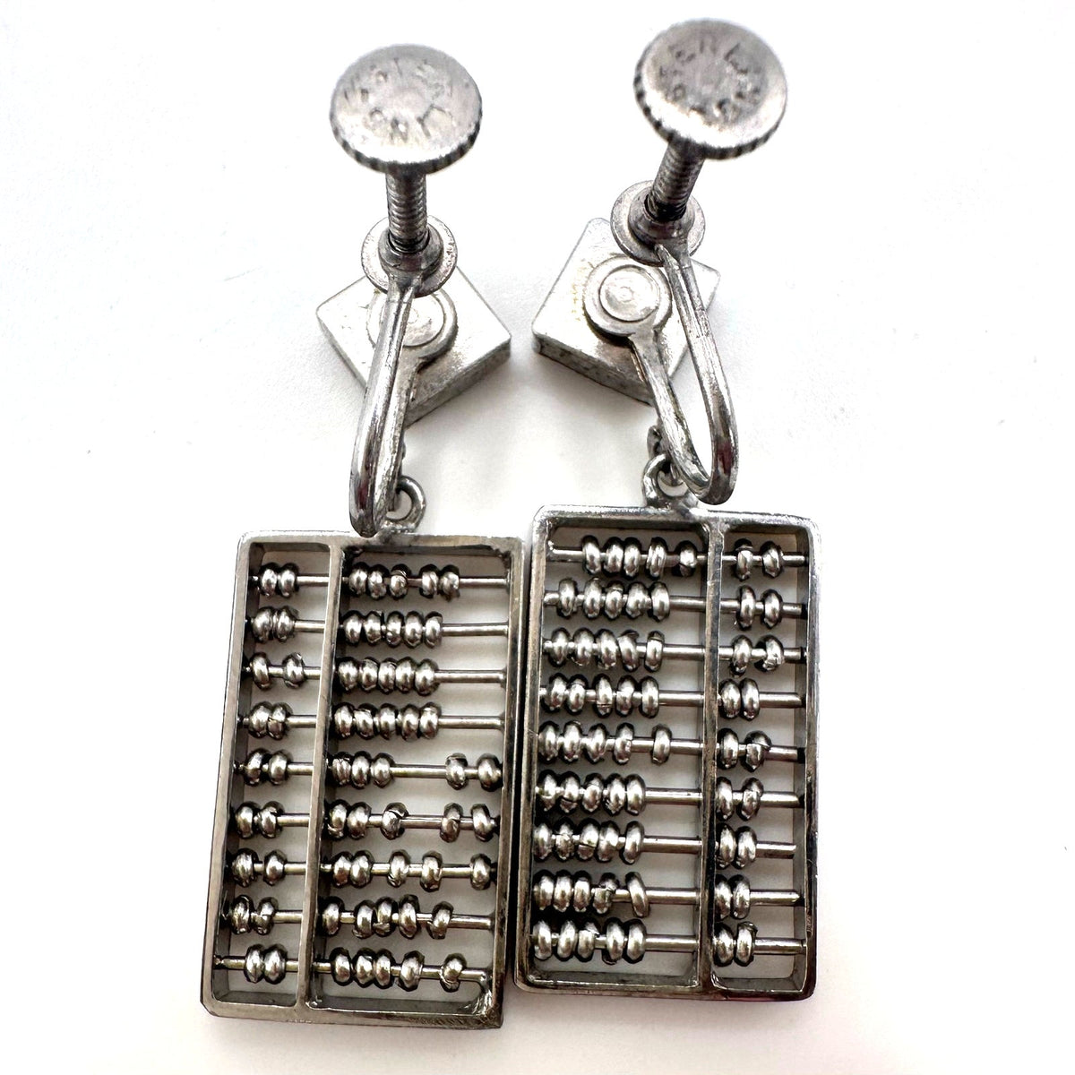 Vintage sterling silver articulated working abacus dangle screw back earrings