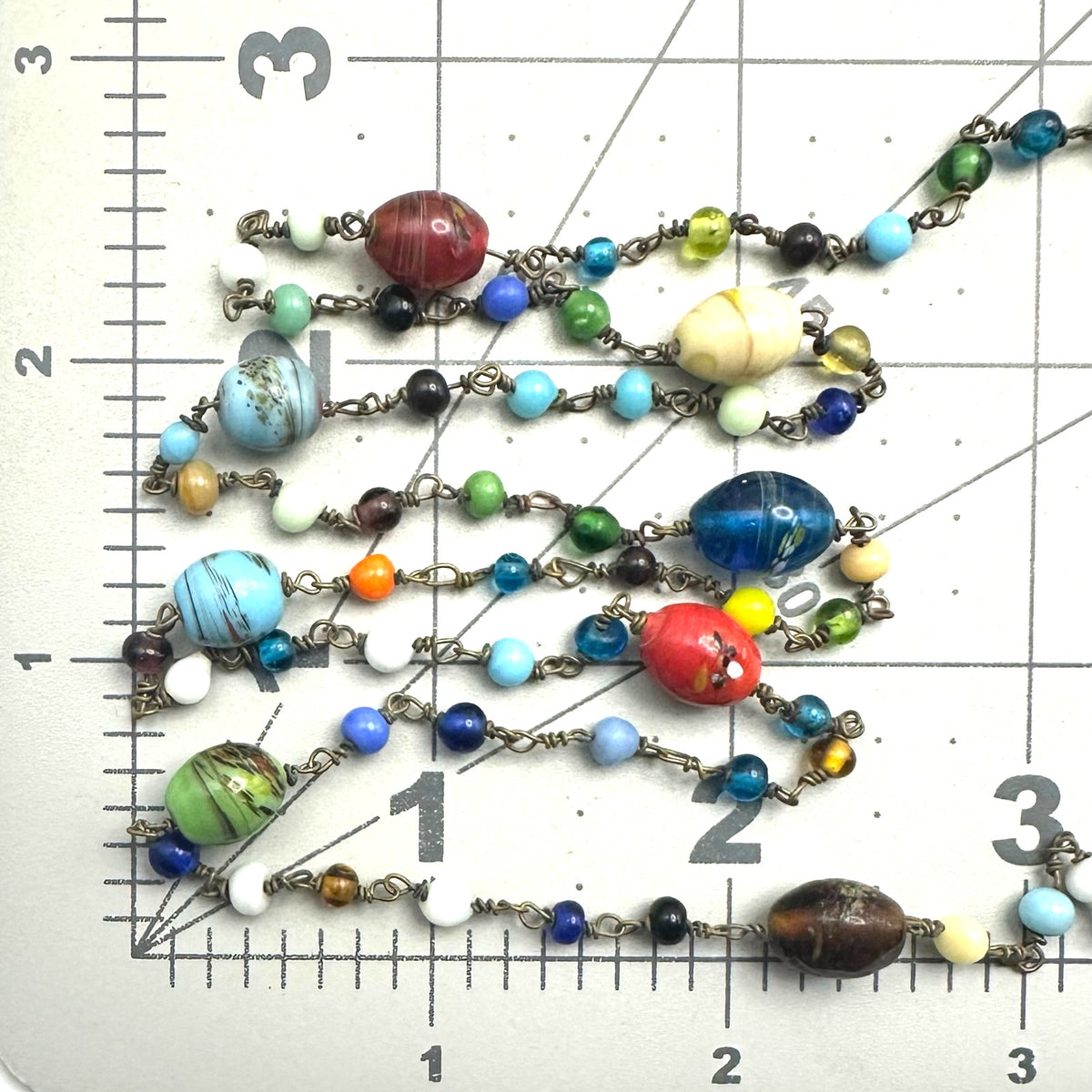 Antique Art Deco Czech art glass multicolor beads beaded brass 52" necklace