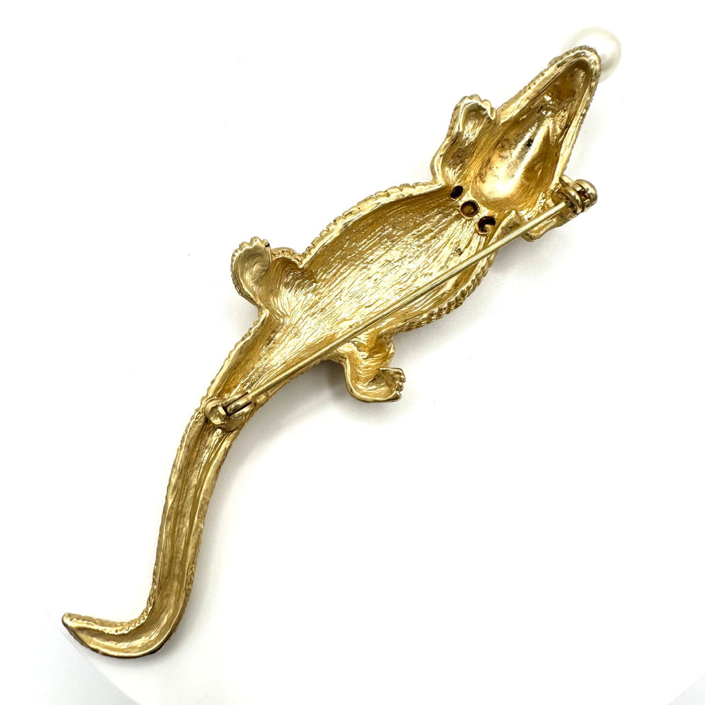 Vintage large gold tone red green rhinestones pearl alligator figural brooch
