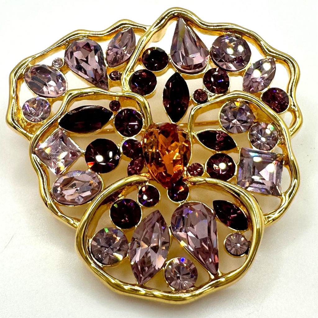 Nolan Miller vintage gold tone purple topaz rhinestones pansy flower brooch