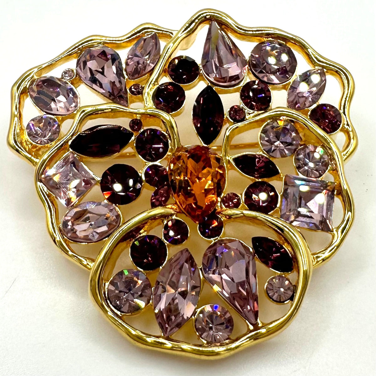 Nolan Miller vintage gold tone purple topaz rhinestones pansy flower brooch