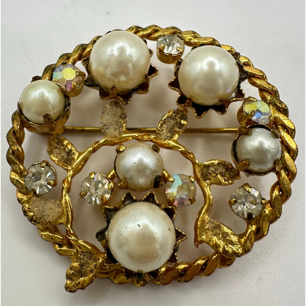 Austria 1950s gold tone aurora borealis AB clear rhinestones faux pearls brooch