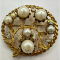Austria 1950s gold tone aurora borealis AB clear rhinestones faux pearls brooch