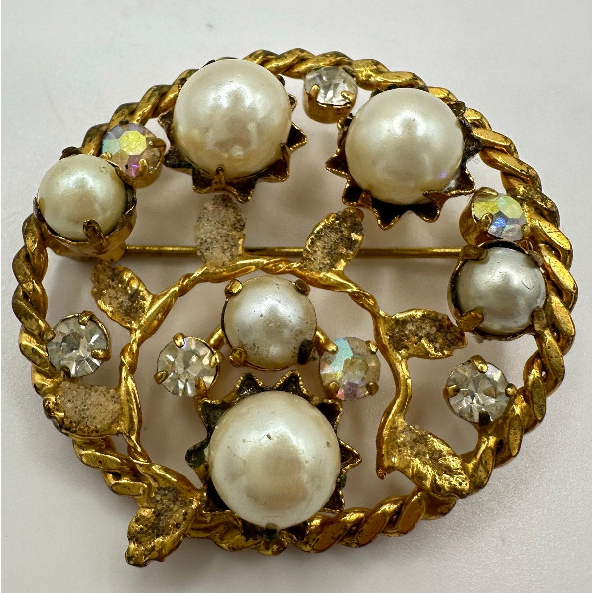 Austria 1950s gold tone aurora borealis AB clear rhinestones faux pearls brooch