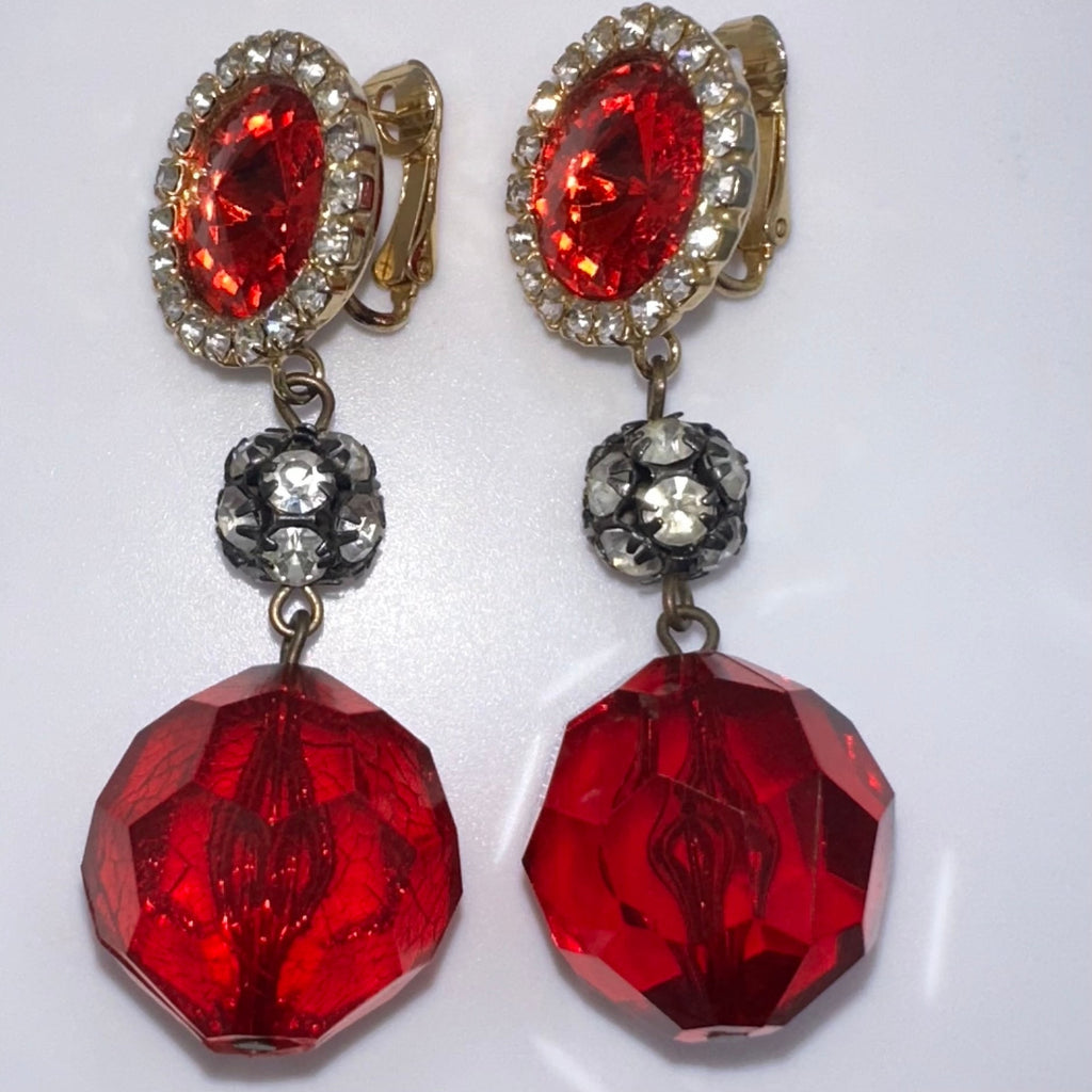 Les Bernard vintage gold tone red lucite rhinestone posts dangle drop earrings