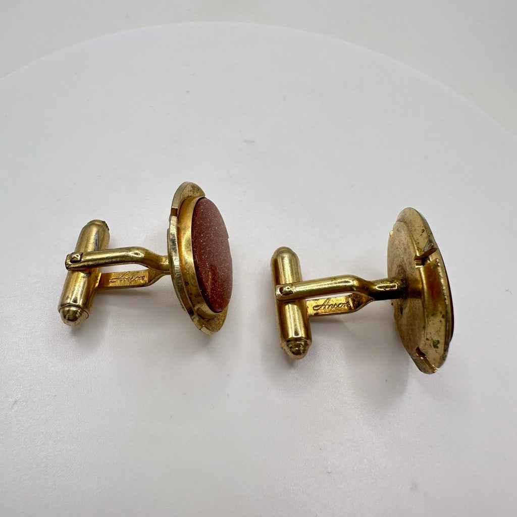 Anson vintage gold plated oval brown glittering goldstone sunstone cufflinks