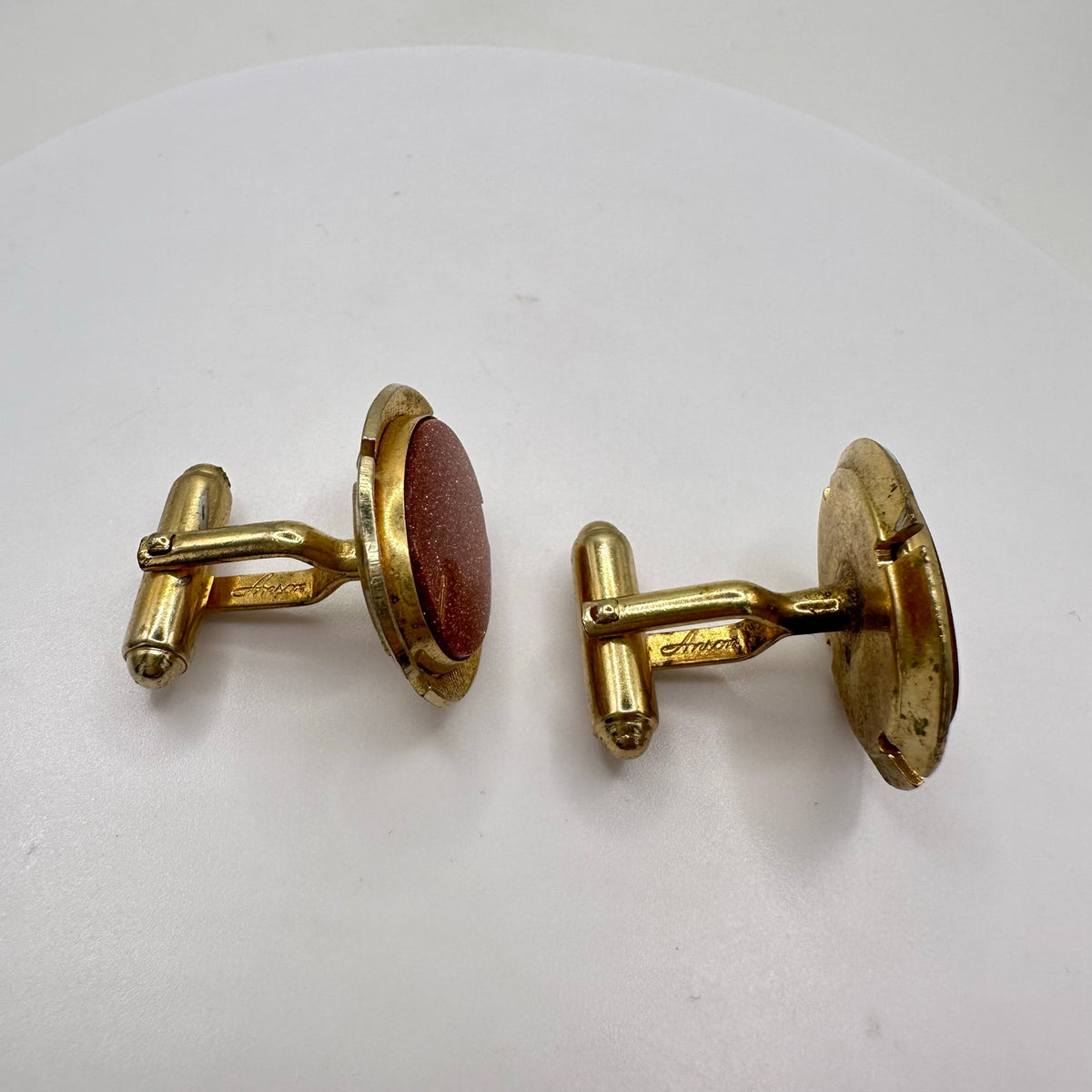 Anson vintage gold plated oval brown glittering goldstone sunstone cufflinks