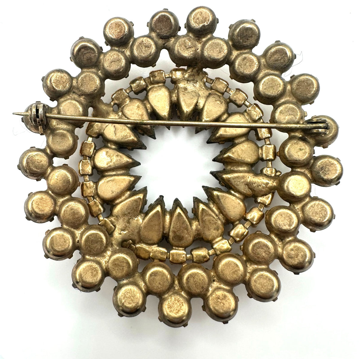 Vintage gold tone amber topaz glass rhinestones round circular wreath brooch