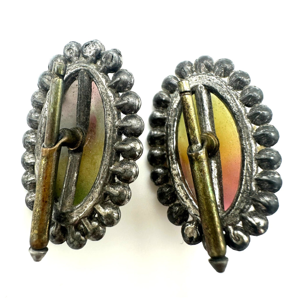 Antique 1920s Art Deco silver tone multicolor art glass rhinestones cufflinks