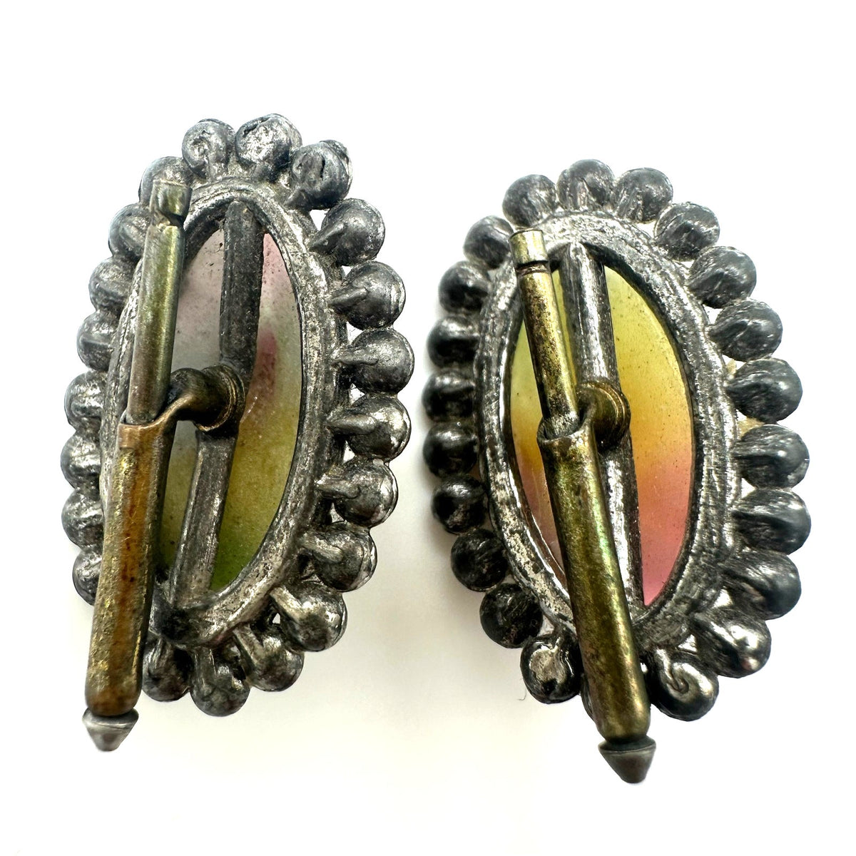 Antique 1920s Art Deco silver tone multicolor art glass rhinestones cufflinks
