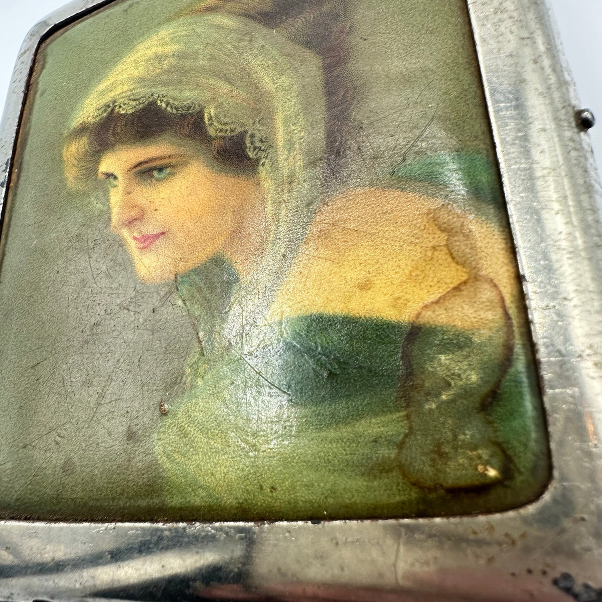 Antique Edwardian 1900s German silver tone portrait cigarette box case compact