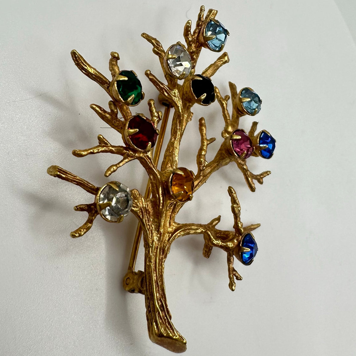 Sarah Coventry vintage gold tone multicolor glass rhinestones family tree brooch