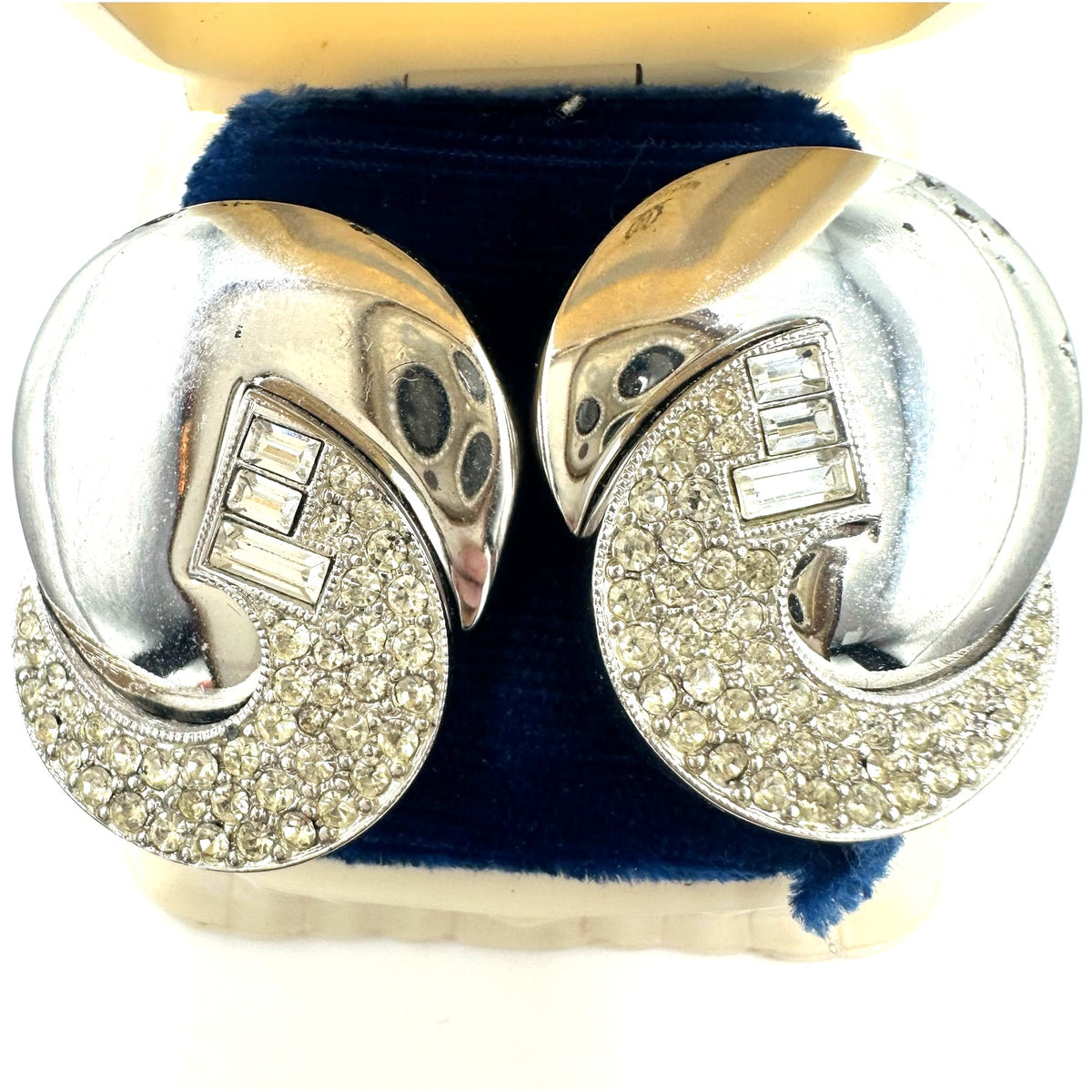 Art Deco 1980s vintage silver tone clear rhinestones statement post earrings
