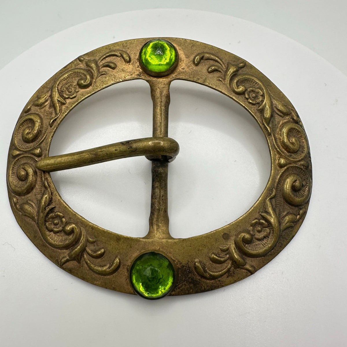 Antique Art Nouveau embossed gold tone brass green rose cut glass belt buckle