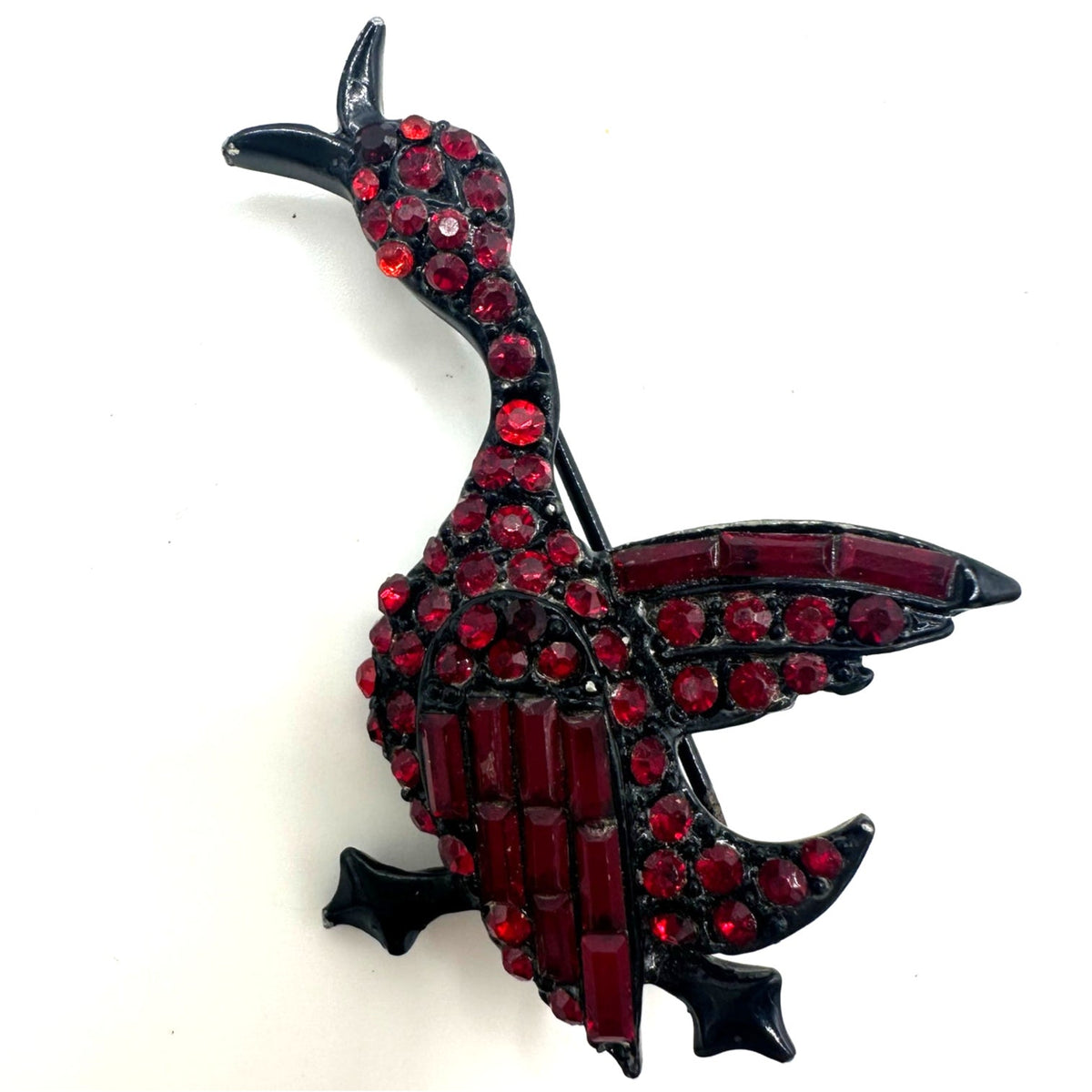 Vintage black gunmetal japanned red rhinestones duck bird figural brooch