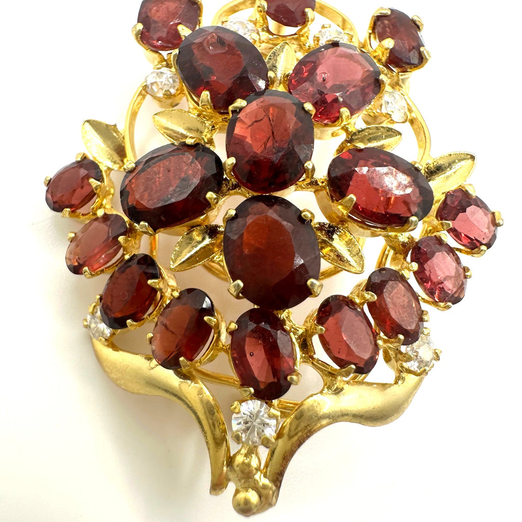 Gold plated real genuine red maroon garnets clear cubic zirconia CZ brooch
