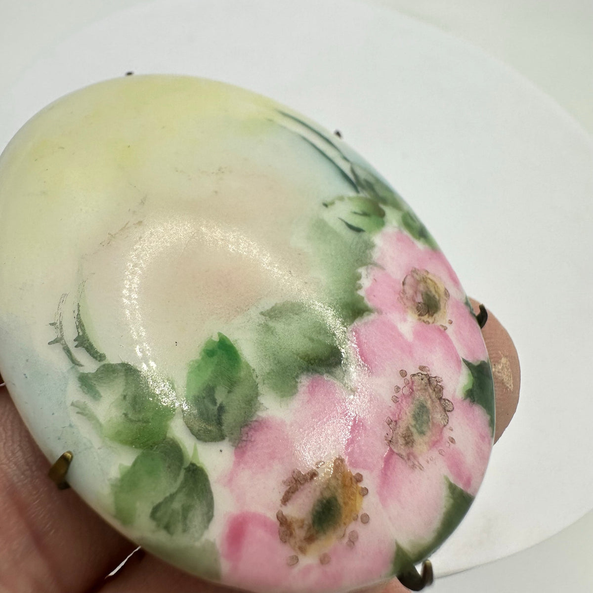 Antique Victorian Edwardian hand painted pink green yellow floral brooch pin