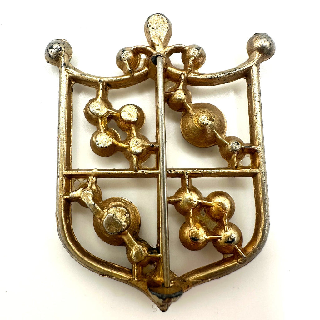 Vintage gold tone red clear rhinestone Heraldic shield crest coat of arms brooch