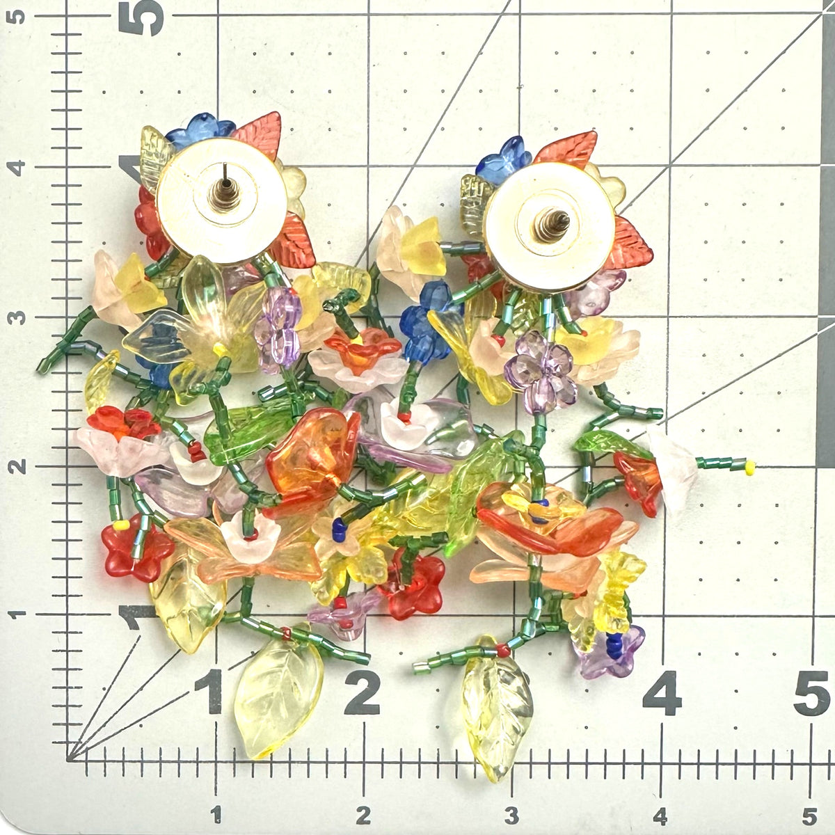Multicolor plastic floral flowers beaded dangle 4" drop post statement earrings
