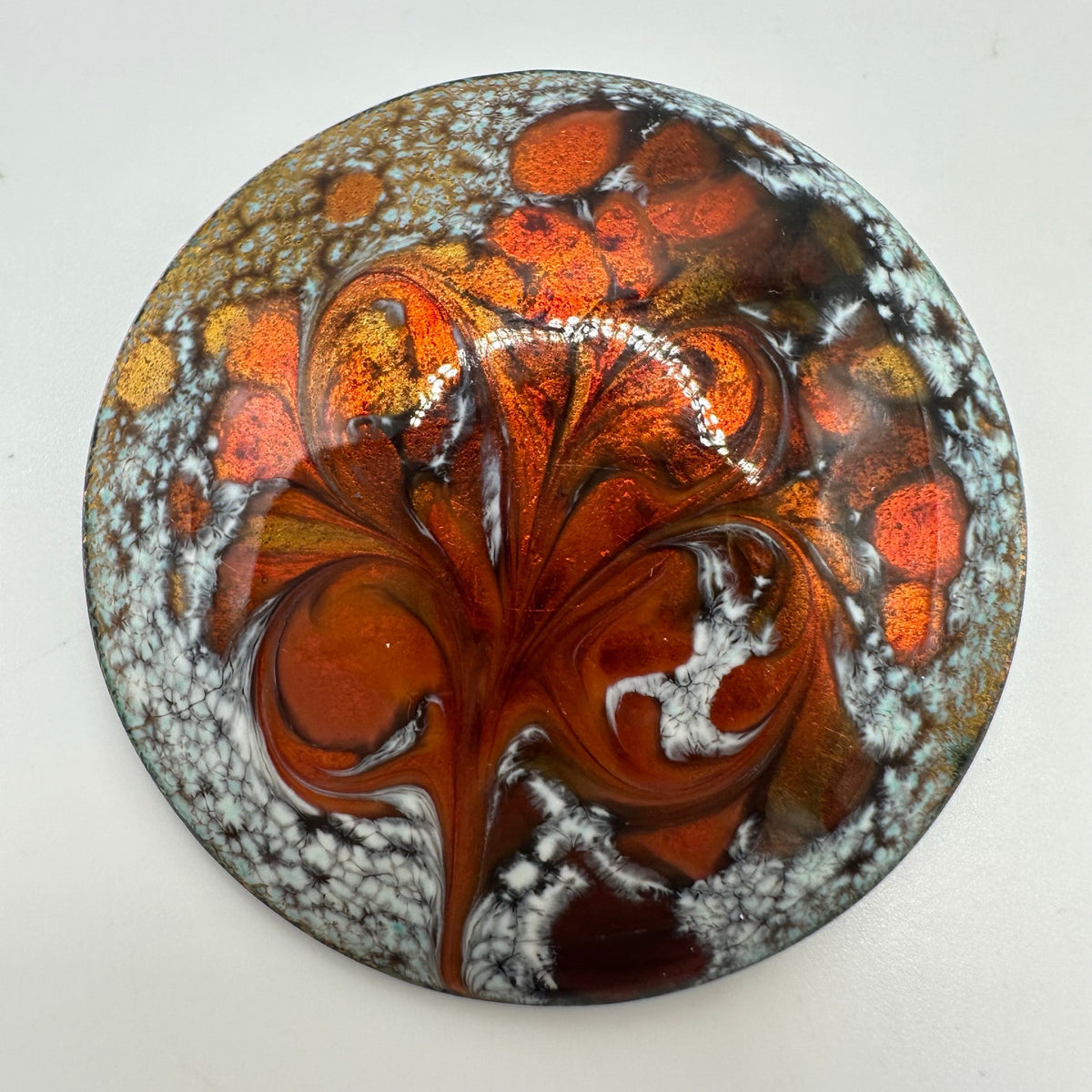 Inga vintage artisan fiery red orange white enamel round circular disc brooch