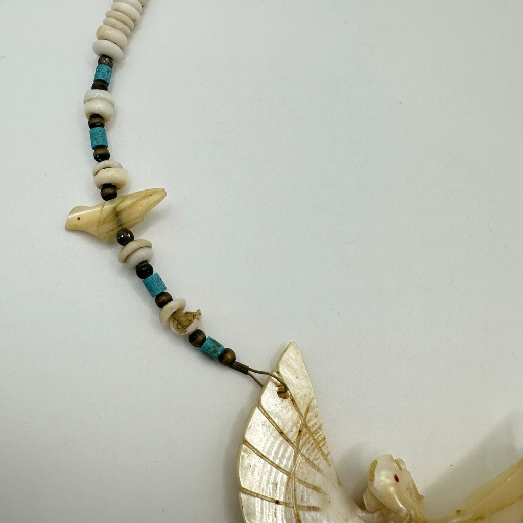 Native American carved mother of pearl fetish bird heishi beaded necklace