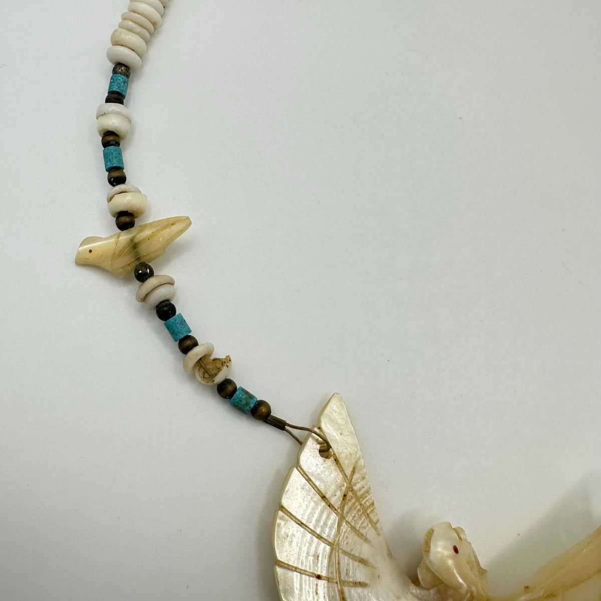 Native American carved mother of pearl fetish bird heishi beaded necklace