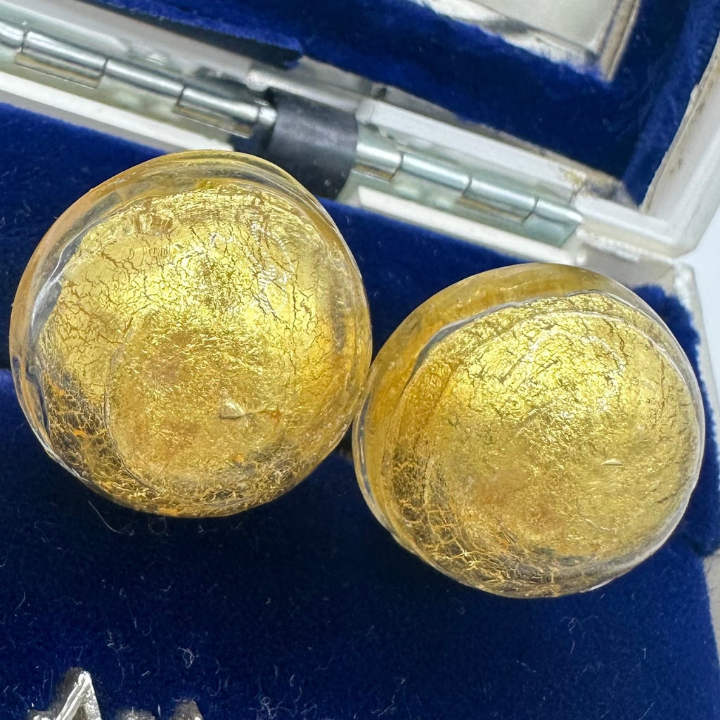 Vintage gold tone hand blown crackled clear Murano art glass clip on earrings