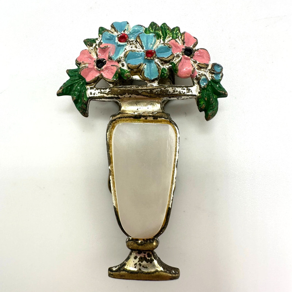 1940s vintage silver tone enamel flowers mother of pearl vase dress clip