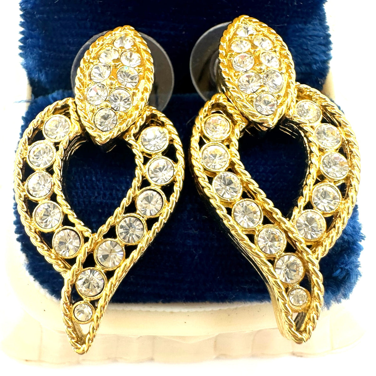 Nolan Miller gold tone clear rhinestones door knocker dangle drop post earrings