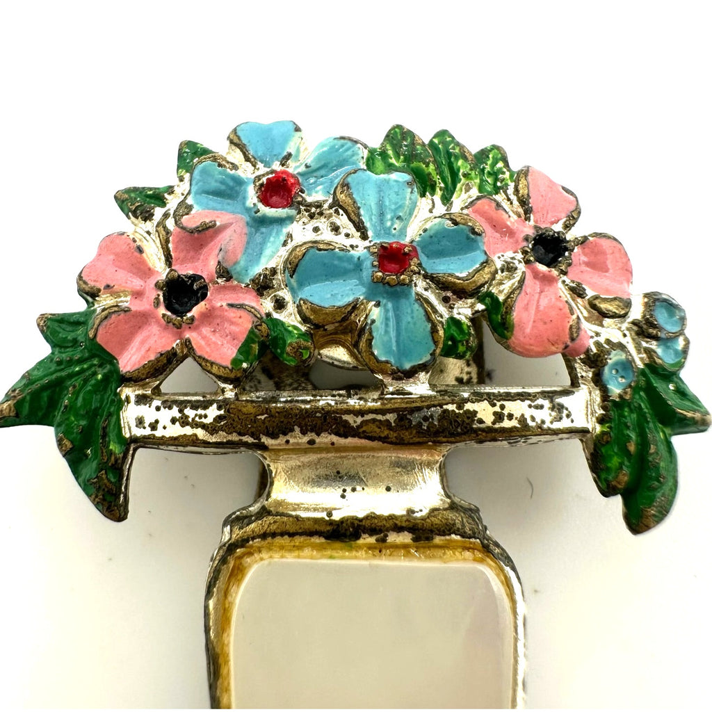1940s vintage silver tone enamel flowers mother of pearl vase dress clip