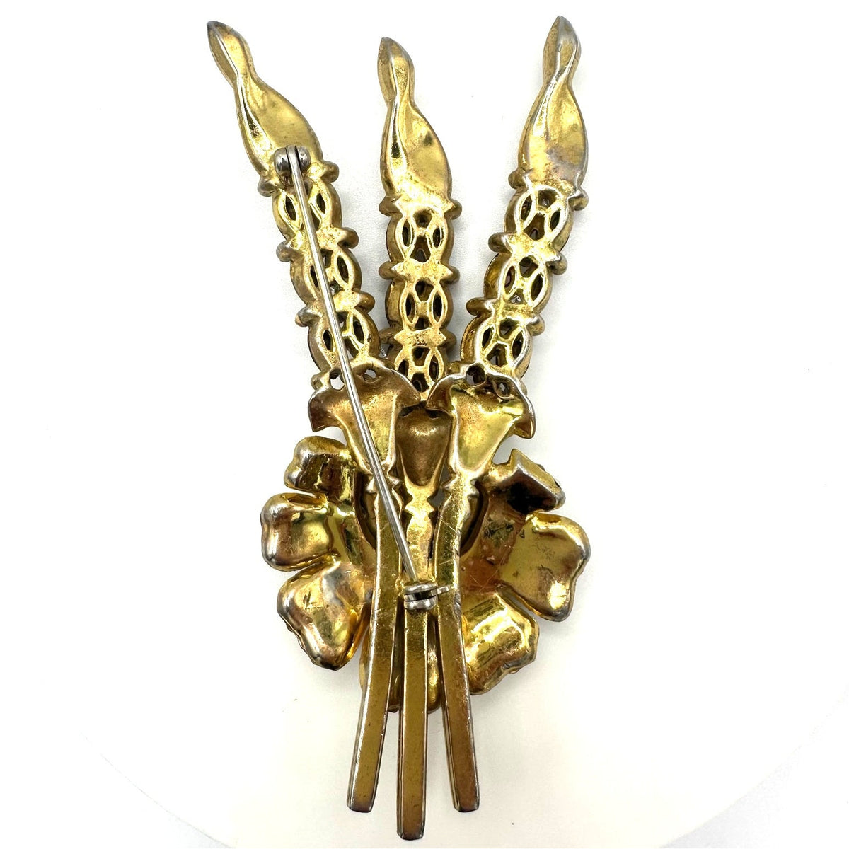 Vintage 1940 gold tone purple rhinestones large flower floral bouquet brooch