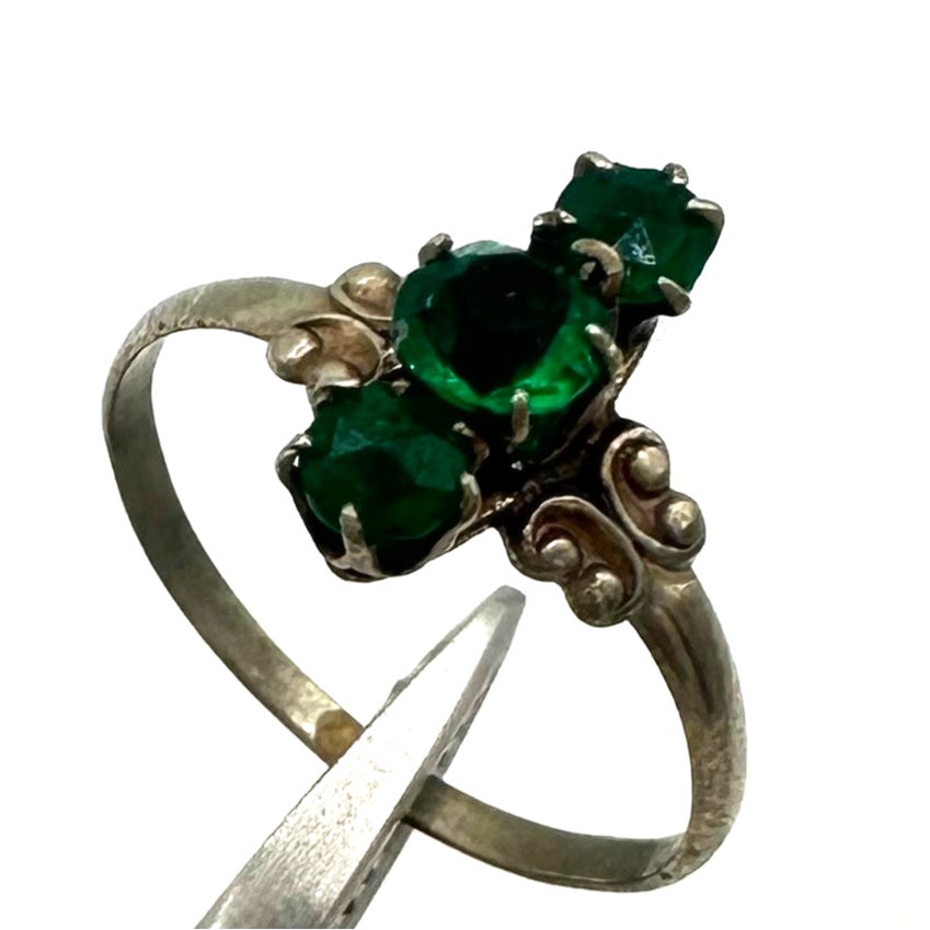 Antique Art Deco 1920s silver tone green Czech glass rhinestones ring 6.5