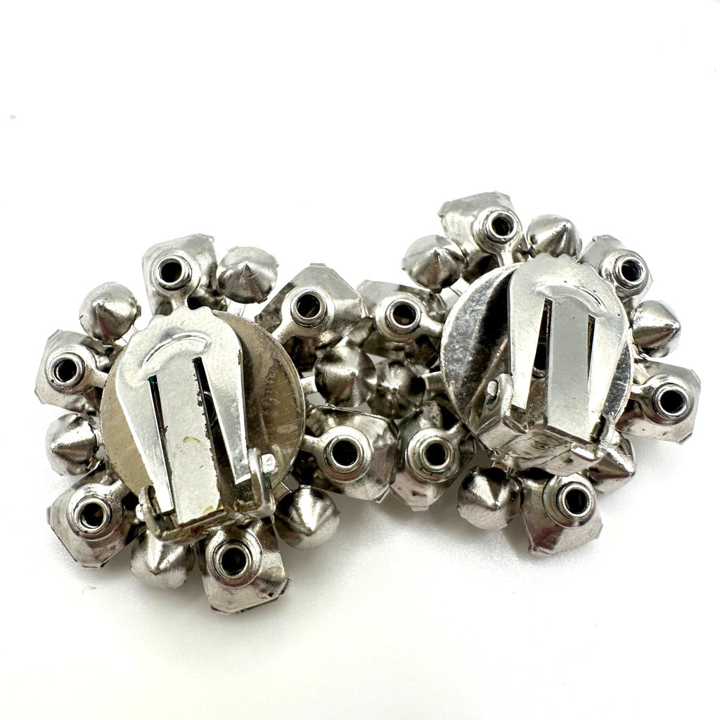 1950s vintage silver tone clear glass rhinestones cluster clip on earrings