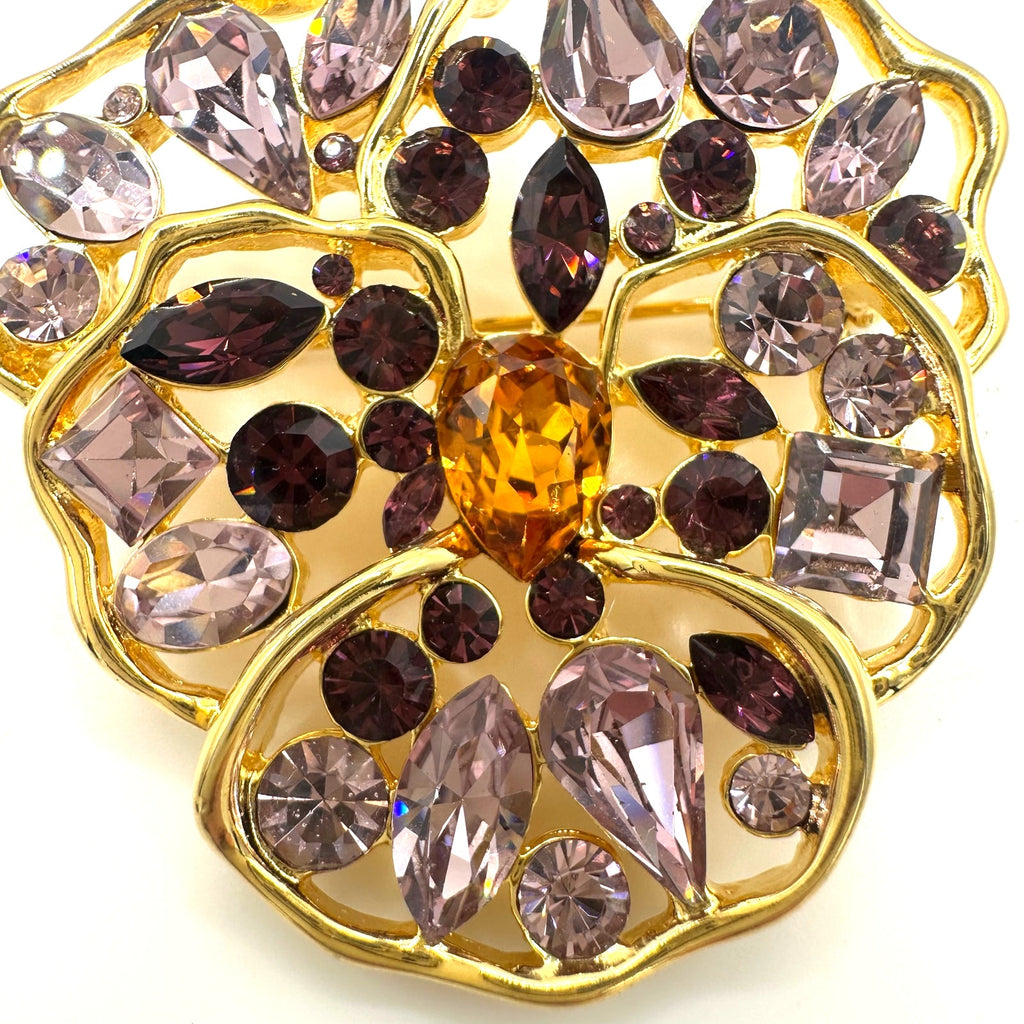 Nolan Miller vintage gold tone purple topaz rhinestones pansy flower brooch