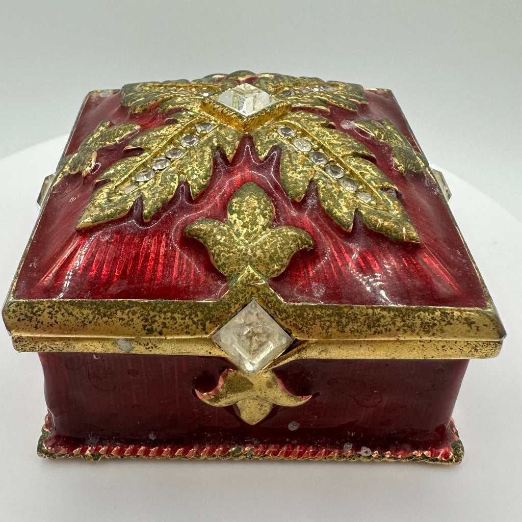 Folio vintage gold tone red enamel clear rhinestones trinket box 2x2x1.5