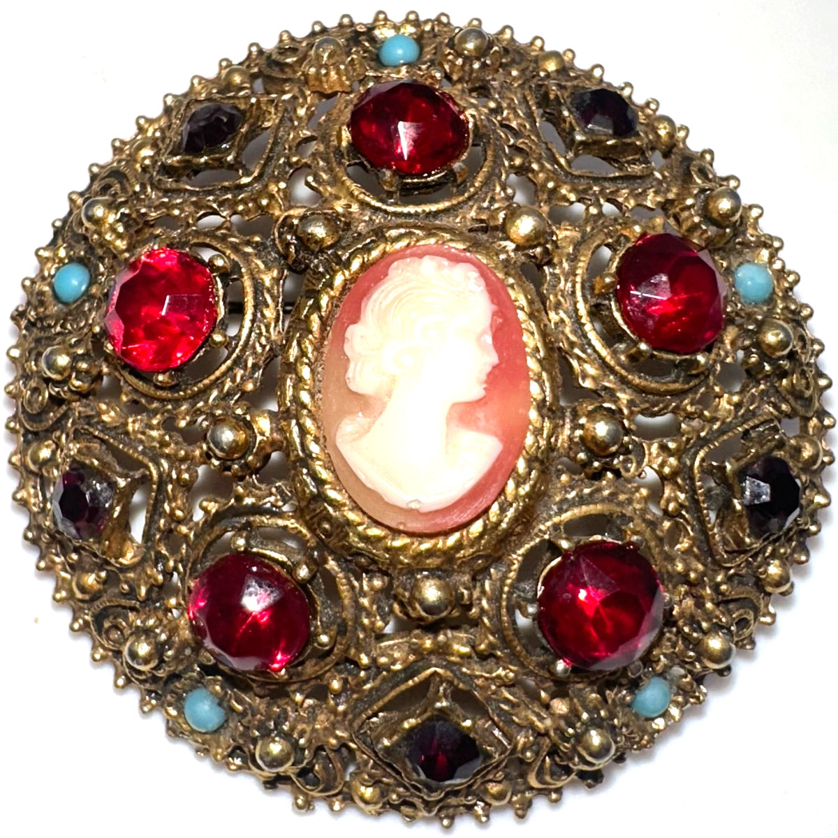 Florenza Victorian Revival gold tone red rhinestones faux turquoise cameo brooch