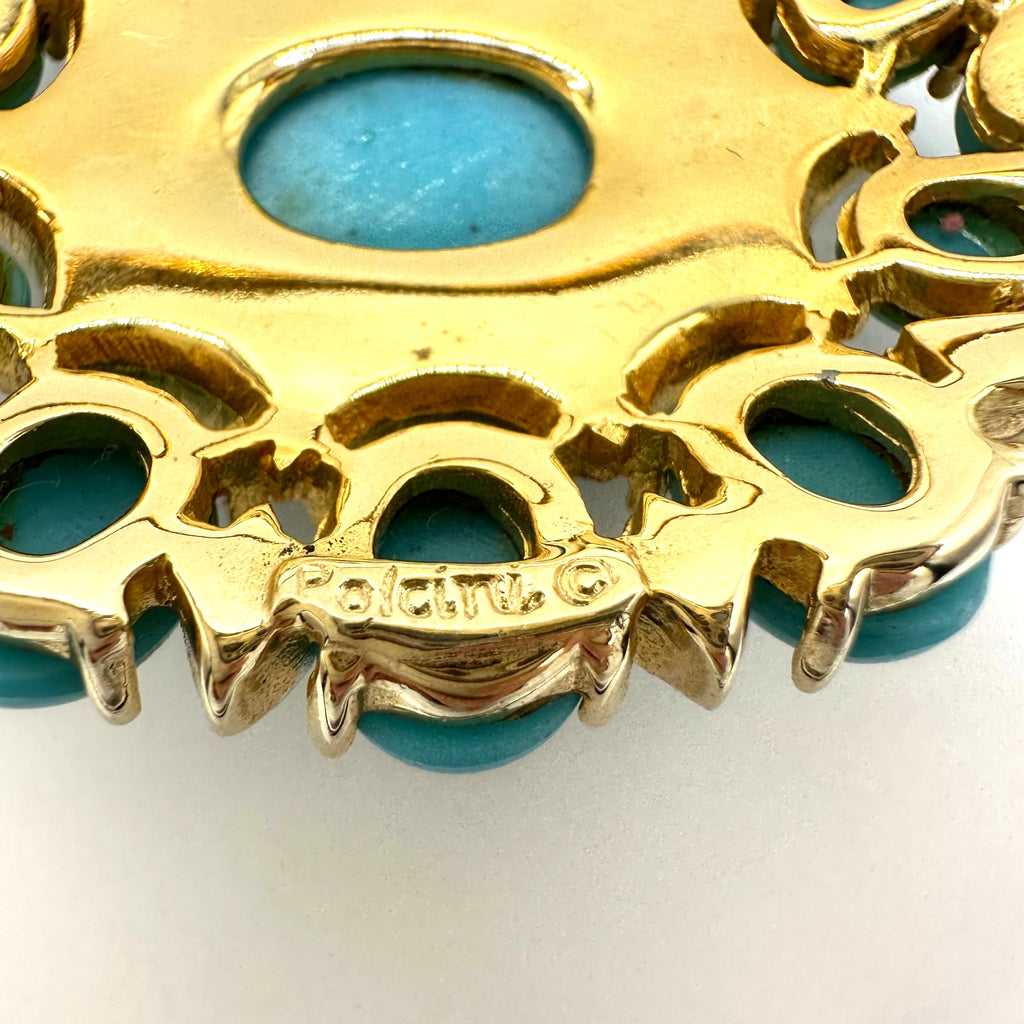 Polcini vintage gold tone clear rhinestones turquoise glass cabochons brooch