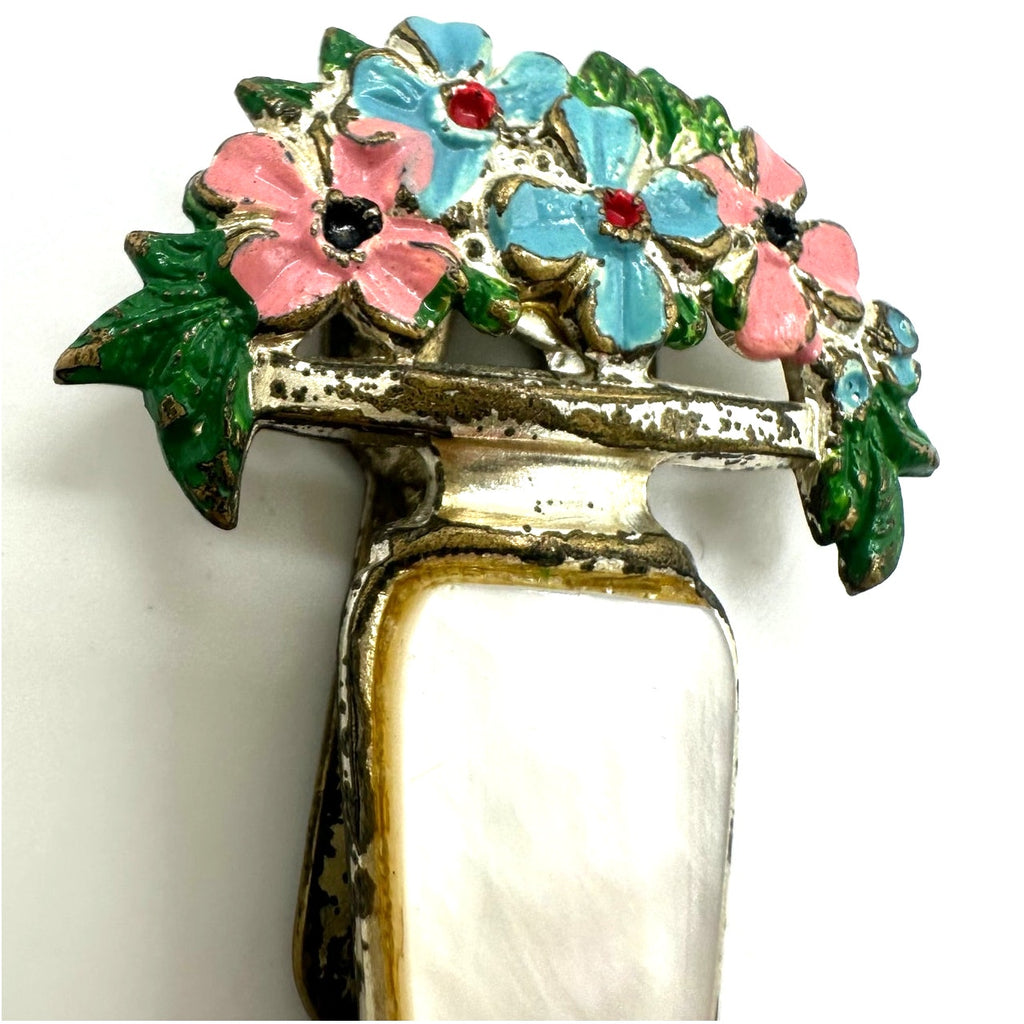 1940s vintage silver tone enamel flowers mother of pearl vase dress clip