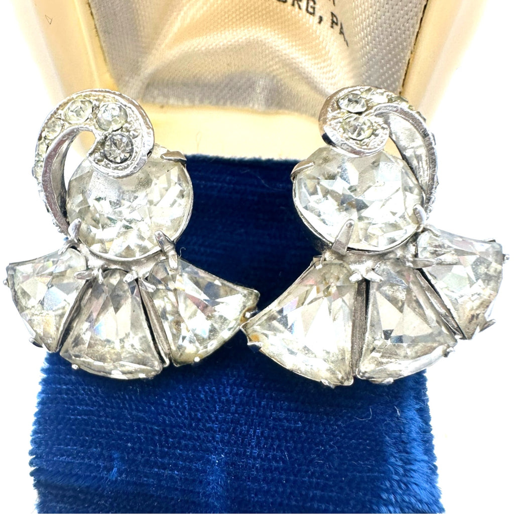 Eisenberg signed vintage silver tone clear glass rhinestones clip on earrings